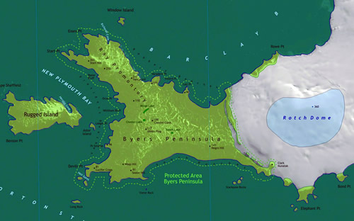 Mapa da Península Byers, onde se concentram os trabalhos nas
		três expedições já realizadas