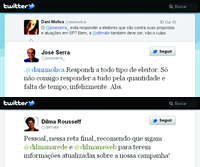 Dilma teve presença mais protocolar, enquanto Serra pareceu demonstrar familiaridade com o microblog