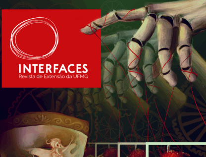 Imagem mostra recorte da capa da Revista Interfaces, em que aparece o logo, à esquerda, e, à direira, repetidas mãos de madeira, com fios nos dedoes como se estivesse segurando marionetes