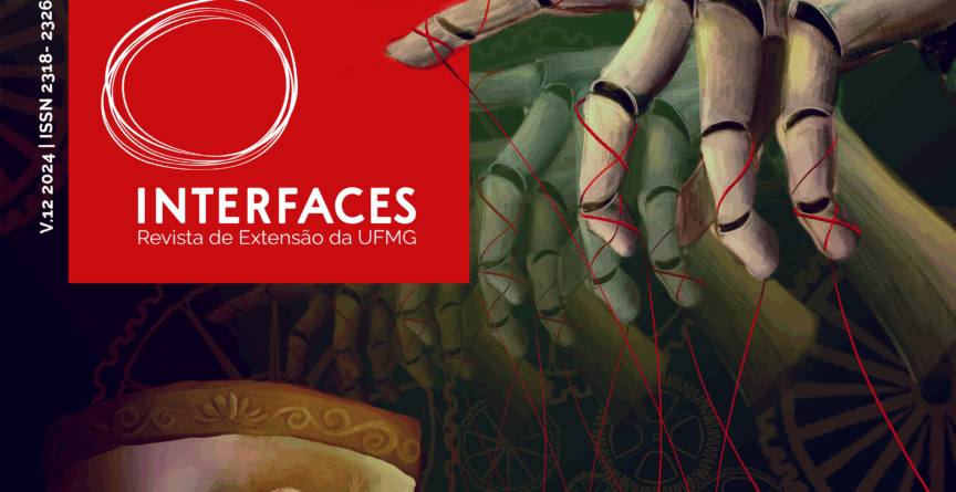 Imagem mostra recorte da capa da Revista Interfaces, em que aparece o logo, à esquerda, e, à direira, repetidas mãos de madeira, com fios nos dedoes como se estivesse segurando marionetes