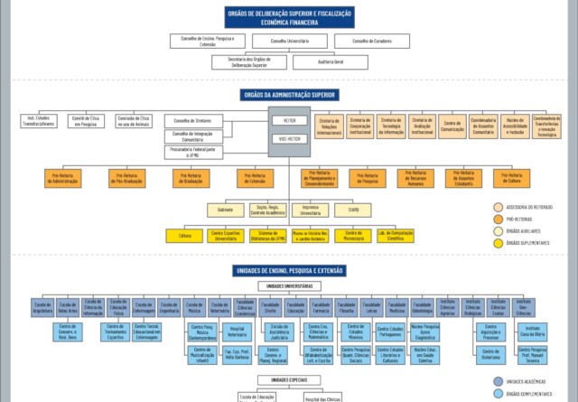 Imagem do organograma institucional que representa a estrutura organizacional da UFMG. Está dividido nos seguintes níveis: Órgãos de Deliberação Superior e Fiscalização Econômica Financeira, Órgãos da Administração Superior e Unidades de Ensino, Pesquisa e Extensão.
