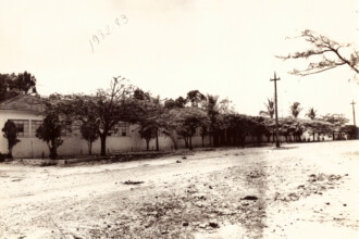A imagem em tons sépia retrata a fachada de um edifício de dois andares com arquitetura que inclui janelas retangulares e altas no segundo andar, e uma combinação de janelas e uma porta no térreo. A parte superior do edifício exibe detalhes ornamentados em relevo acima das janelas do andar superior e na platibanda. Em frente ao prédio, uma calçada se estende ao longo de uma rua. Duas árvores com folhagem densa estão em primeiro plano, uma à esquerda e outra, mais central e alta, em frente à fachada, obscurecendo parcialmente o térreo e parte do segundo andar do edifício. Fios de energia ou telefone cruzam a parte superior da imagem, e à direita, um muro baixo com um pilar de concreto delimita a propriedade. A cena é banhada por uma iluminação que sugere um dia claro.