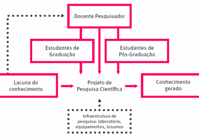 A imagem representa o processo de produção de pesquisa científica na UFMG. O processo parte de uma lacuna do conhecimento, que é transformada em um projeto de pesquisa científica desenvolvido por docentes pesquisadores junto a estudantes de graduação e pós-graduação. Esse projeto conta com infraestrutura de pesquisa, como laboratórios, equipamentos e insumos. Como resultado, há conhecimento gerado, que alimenta novas investigações, num ciclo contínuo de produção científica.