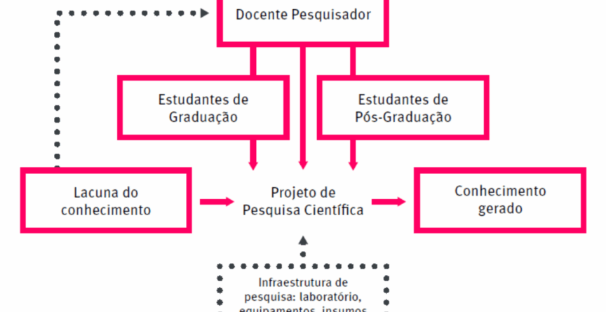A imagem representa o processo de produção de pesquisa científica na UFMG. O processo parte de uma lacuna do conhecimento, que é transformada em um projeto de pesquisa científica desenvolvido por docentes pesquisadores junto a estudantes de graduação e pós-graduação. Esse projeto conta com infraestrutura de pesquisa, como laboratórios, equipamentos e insumos. Como resultado, há conhecimento gerado, que alimenta novas investigações, num ciclo contínuo de produção científica.