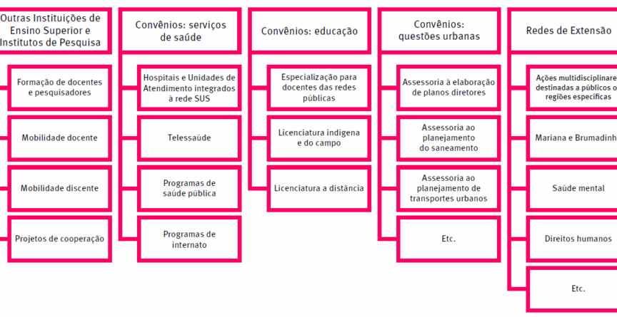 A imagem apresenta diferentes formas de articulação entre a universidade e a sociedade, divididas em seis colunas principais. A primeira coluna, intitulada Outras Instituições de Ensino Superior e Institutos de Pesquisa, contempla ações como formação de docentes e pesquisadores, mobilidade docente, mobilidade discente e projetos de cooperação. A segunda coluna, Convênios: serviços de saúde, abrange hospitais e unidades de atendimento integrados à rede SUS, telessaúde, programas de saúde pública e programas de internato. A terceira, Convênios: educação, inclui especialização para docentes das redes públicas, licenciatura indígena e do campo e licenciatura a distância. A quarta coluna, Convênios: questões urbanas, trata da assessoria à elaboração de planos diretores, do planejamento do saneamento e do planejamento de transportes urbanos, além de outras ações representadas por "Etc.". Por fim, a sexta coluna, Redes de Extensão, destaca ações multidisciplinares destinadas a públicos ou regiões específicas, como Mariana e Brumadinho, além de temáticas como saúde mental e direitos humanos.