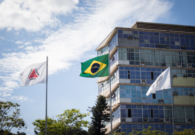 The picture shows a low-angle shot of a building and three flags against a bright blue, cloudy sky. The main focus is the Brazilian national flag, which is green, yellow, and blue, flapping prominently in the center. To its left, another white flag with a red triangle and the words "LIBERTAS QUAE SERA TAMEN" is visible. To the right of the Brazilian flag, a third white flag, partially obscured, shows a circular seal of the Federal University of Minas Gerais (UFMG). The flags are flying on poles in front of a modern building with a facade made of blue and grey rectangular panels, many of which are windows. The building appears to be a multi-story office or institutional structure. Tree branches are visible at the bottom of the frame, suggesting a park-like or campus setting. The lighting is bright, indicating a sunny day.