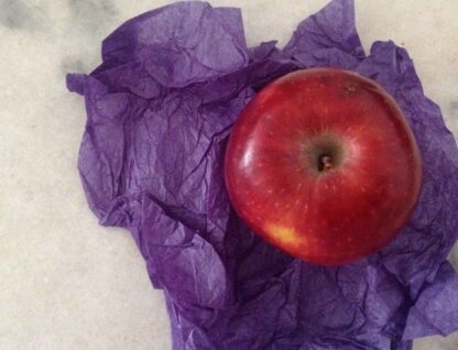Imagem mostra uma maçã, vista de cima, em meio a papel roxo