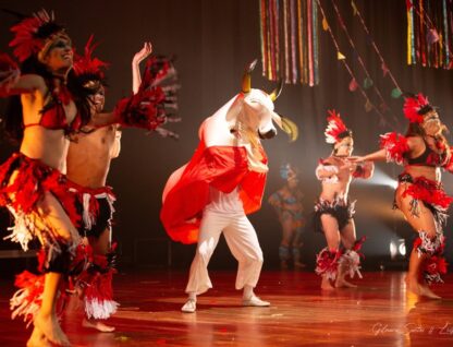 Dançarinos com trajes coloridos e com penas ao lado de uma pessoa fantasiada de boi durante apresentação