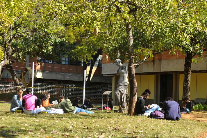 A imagem mostra um grupo de pessoas sentadas na grama, em um ambiente externo, à sombra de árvores. No primeiro plano, à esquerda, quatro pessoas estão sentadas em círculo, conversando e lendo. Outras pessoas estão sentadas individualmente ou em pequenos grupos. A pessoa no canto inferior esquerdo está de camisa rosa, sentada de frente para as outras. Entre as árvores, uma estátua escura de uma figura feminina está visível. O chão é coberto por grama verde, com algumas folhas secas. Ao fundo, um prédio de tijolos vermelhos e grandes janelas retangulares é visível. A luz do sol é intensa e cria áreas de sombra.
