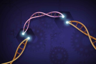 A imagem é uma ilustração digital de uma molécula de DNA. No centro, uma fita dupla de DNA de cor rosa e laranja, em forma de hélice, flutua em um fundo escuro e azulado. Três pontos de luz brilhantes emitem um brilho claro. O fundo da imagem tem desenhos em tons mais escuros que remetem a engrenagens e circuitos eletrônicos. No canto superior esquerdo, algumas palavras técnicas como "CRISPR" podem ser identificadas. A imagem sugere um tema relacionado a biotecnologia e engenharia genética.