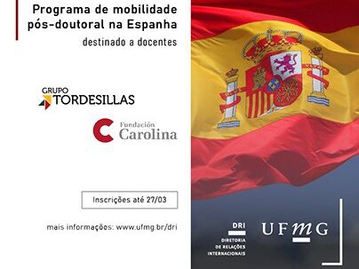 Imagem mostra arte antiga produzida na DRI, falando sobre programa de mobilidade pós-doutoral na Espanha, com imagem da bandeira do país ao lado