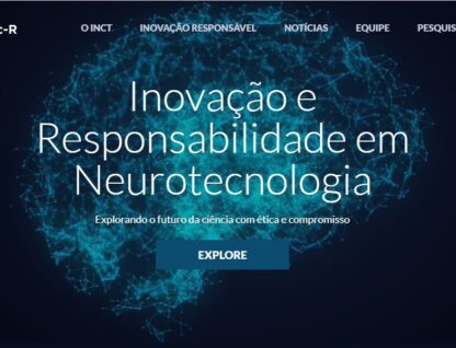Tela inicial do site INCT NeuroTec-R, que apresenta o texto " Inovação e Responsabilidade em Neurotecnologia" em evidência e, ao fundo, a imagem de um cérebro feito apenas com traços, sobre um fundo azul escuro simples