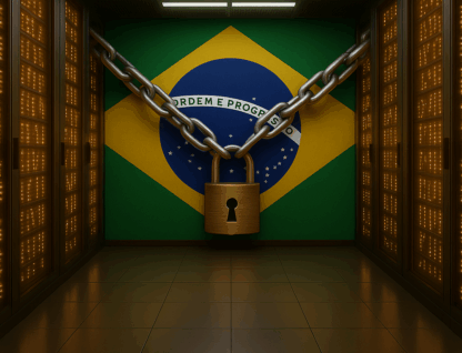 Imagem gerada por IA mostra uma parede com as cores do Brasil 'trancada' por um cadeado, simbolizando a trava que impede o seu desenvolvimento digital