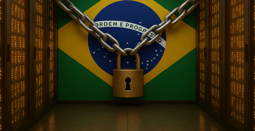 Imagem gerada por IA mostra uma parede com as cores do Brasil 'trancada' por um cadeado, simbolizando a trava que impede o seu desenvolvimento digital