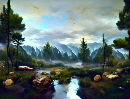A imagem é uma pintura de paisagem fantástica, dominada por montanhas pontiagudas e florestas densas. Um rio sinuoso de água clara atravessa o primeiro plano, refletindo o céu. Árvores altas e esguias se erguem em ambos os lados do rio, e o chão é coberto por grama verde escura e rochas. Ao fundo, uma cadeia de montanhas com picos irregulares se estende sob um céu nublado, com algumas aberturas de azul. A atmosfera é misteriosa e exuberante.