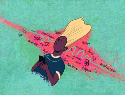 Ilustração mostra um jovem negro com um celular na mão ouvindo um podcast. A imagem reproduz uma onda sonora e fórmulas matemáticas