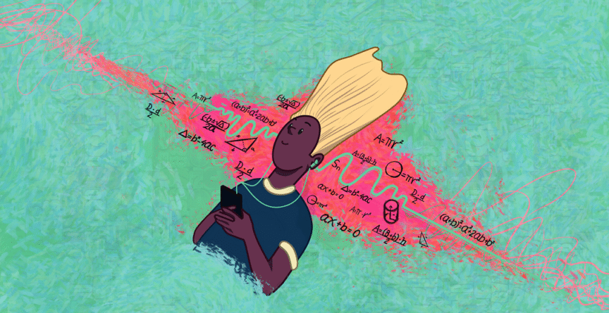 Ilustração mostra um jovem negro com um celular na mão ouvindo um podcast. A imagem reproduz uma onda sonora e fórmulas matemáticas