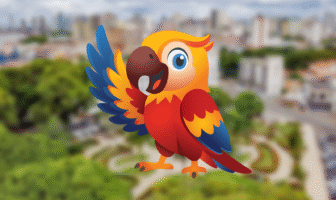 Ilustração de uma arara-vermelha-pequena (Ara macao) sobrevoando a cidade de Belém, sede da Cop30