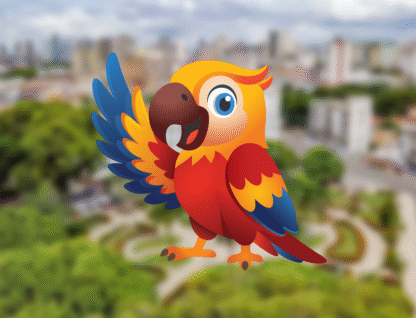 Ilustração de uma arara-vermelha-pequena (Ara macao) sobrevoando a cidade de Belém, sede da Cop30