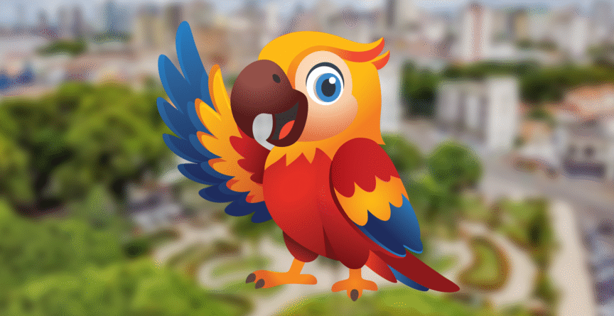 Ilustração de uma arara-vermelha-pequena (Ara macao) sobrevoando a cidade de Belém, sede da Cop30