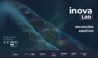 A imagem é um banner digital com um fundo escuro, em tons de azul e preto, adornado com padrões de linhas finas e pontos brilhantes que sugerem uma estética tecnológica ou de rede neural. No canto superior direito, o logotipo "inova Lab" está em destaque, com as palavras "inova" em branco e "Lab" em um retângulo branco. Abaixo, em letras brancas, lê-se "INSCRIÇÕES ABERTAS!". No canto inferior esquerdo, a inscrição "Programa de incubação" aparece acima do logotipo da "UFMG" e "UNIVERSIDADE FEDERAL DE MINAS GERAIS". Na parte inferior do banner, uma linha de logotipos de diversas instituições e empresas parceiras é visível.