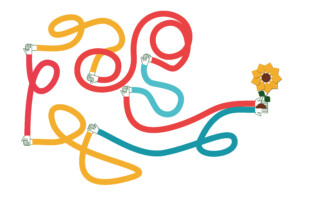 Ilustração mostra várias linhas coloridas que se entrelaçam representando a ideia de transdisciplinaridade