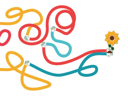 Ilustração mostra várias linhas coloridas que se entrelaçam representando a ideia de transdisciplinaridade