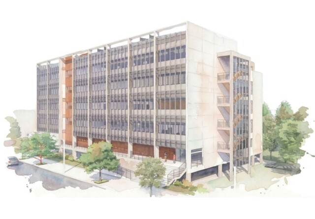 Croqui-aquarela do projeto do prédio do CNVacinas, atualmente em construção