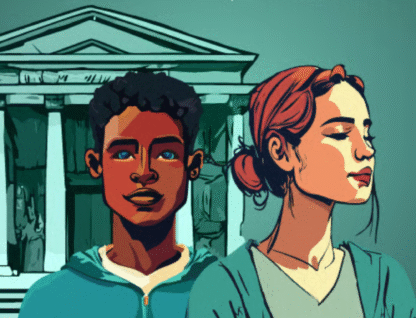 Ilustração de dois estudantes em frente a um monumento