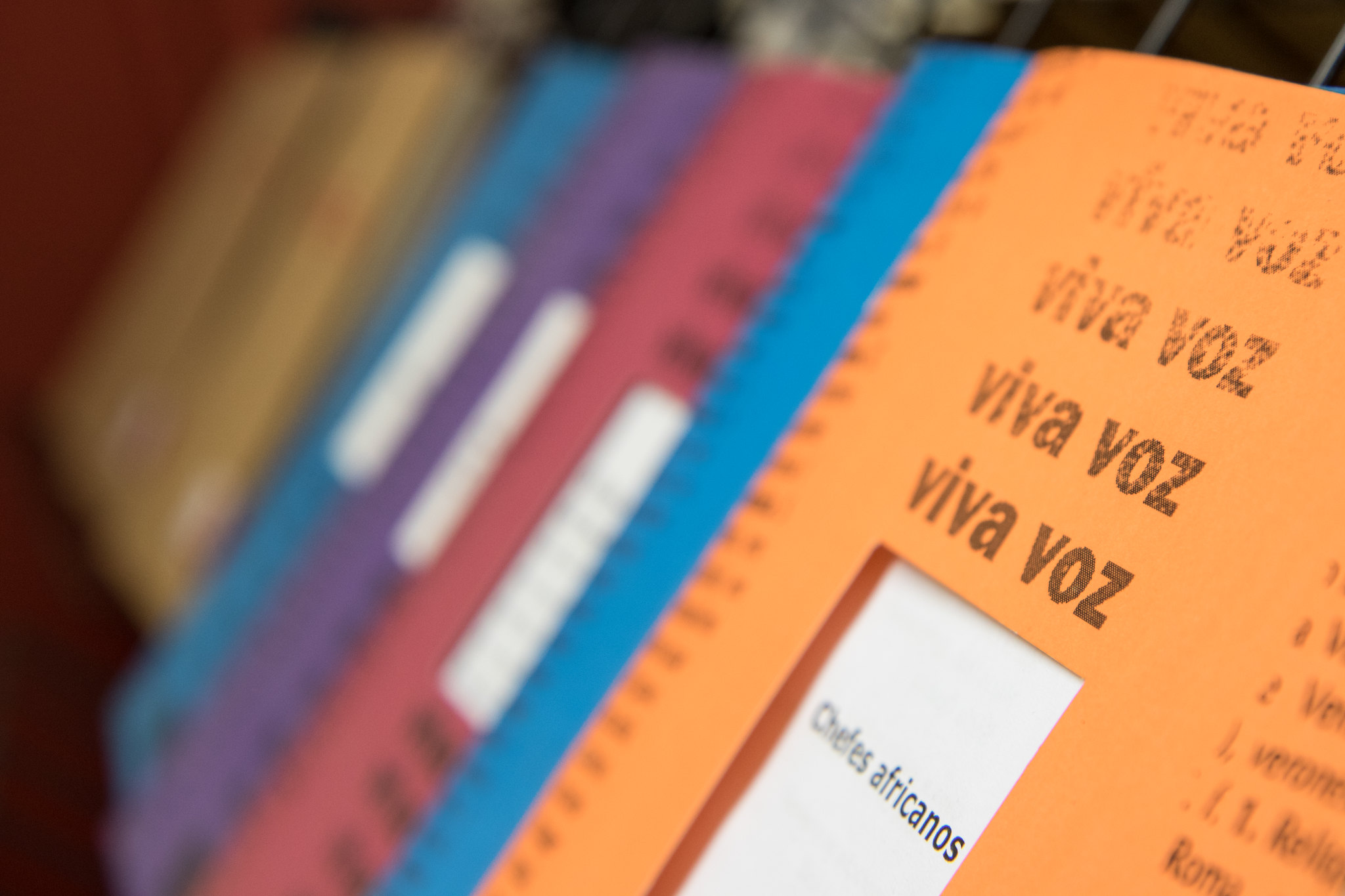 livros "Viva Voz" posicionados um ao lado do outro, sendo o primeiro de capa laranja, o segundo azul, o terceiro rosa e o quarto roxo