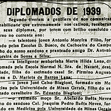 O Correio da Semana traz a lista dos diplomados de 1939, destacando "o jovem José Celso Biagioni" e "o entimado moço Sr. Abelardo Baeta Neves", formados em Medicina pela Universidade de Minas Gerais. A lista está na edição de 9 de dezembro de 1939 do jornal. Miniatura.