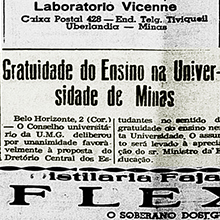 Em 1951, o Diretório Central dos Estudantes propôs a gratuidade do ensino na Universidade de Minas Gerais. E essa nota, veiculada no Correio de Uberlândia em 3 de outubro de 1951, publica a decisão do Conselho Universitário sobre o assunto.  Miniatura