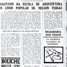 "Saudado na Escola de Arquitetura o líder popular sr. Nelson Thibau". O Estado de Minas realiza a cobertura política das eleições da prefeitura de Belo Horizonte, evidenciando a visita que o candidato Thibau fez à Escola de Arquitetura da UMG e os elogios dirigidos à faculdade. Miniatura.