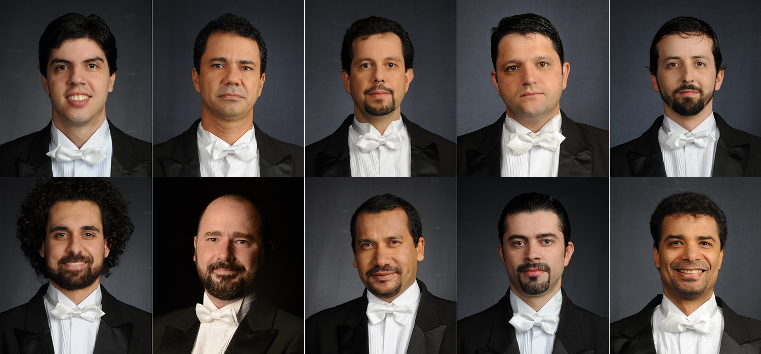 Em sentido horário: Arthur Vieira Terto, Marcelo Nébias, Marcelo Cunha, Alexandre Braga, Ney Campos Franco, Wagner Mayer, Renato Lisboa, Eleilton Cruz, Sérgio Aluotto e Werner Silveira. Fotos: Orquestra Filarmônica de Minas Gerais