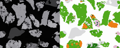 À esquerda, imagem de minério de ferro obtida em microscópio de varredura eletrônica FEG; à direita, mapeamento mineralógico da amostra processado pelo software MLA