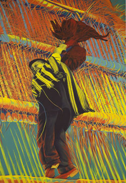 Quadro Sacrifcio del gallo 2, do artista colombiano Nestor Jacanamijoy: mostra reflete sobre a concepo dos trabalhos 