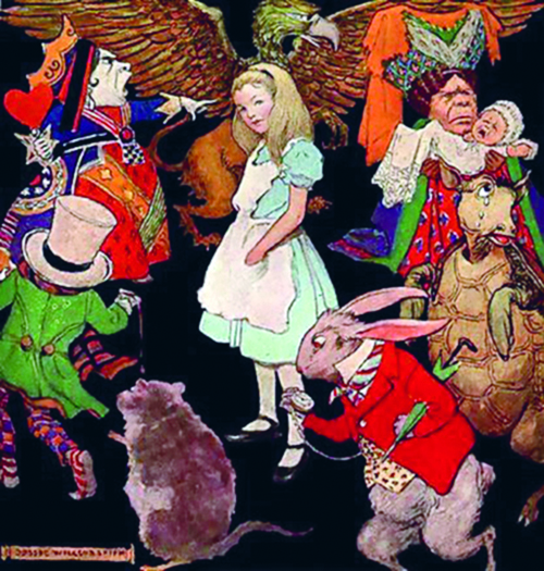 Alice cercada pelos personagens do País das Maravilhas, em ilustração de Peter Newell (1890)