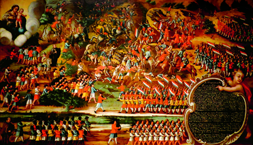 Batalha dos Guararapes, leo sobre tela de autor desconhecido, datado de 1.758, retrata as lutas que resultaram na expulso dos holandeses do Brasil em meados do sculo 17