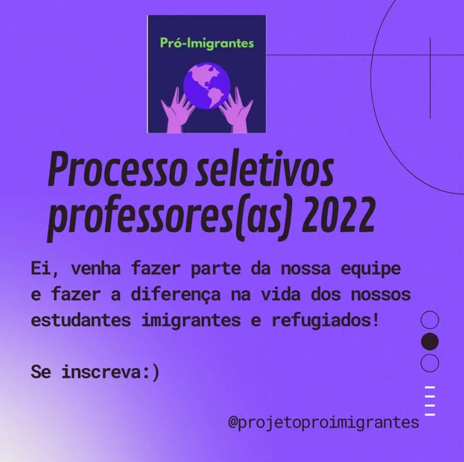 Estão abertas as inscrições para estudantes, professores e monitores voluntários para o Cursinho Popular Pró-Imigrantes da Universidade Federal de Minas Gerais (UFMG).  O curso prepara imigrantes, refugiados, apátridas e residentes com visto humanitário para o Exame Nacional do Ensino Médio (ENEM) e é coordenado pela professora Luciane Corrêa Ferreira, da Faculdade de Letras (Fale).  As aulas do projeto acontecerão de forma remota, das 19h às 22h.  Estudantes da UFMG interessados a participar do projeto como professores ou monitores voluntários devem preencher o formulário disponível aqui.  Imigrantes e/ou refugiados que interessados em prestar a prova do ENEM devem preencher o formulário disponível aqui.