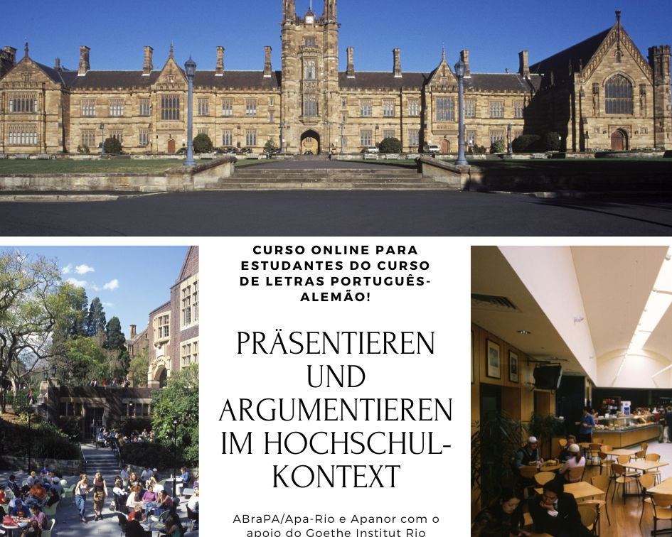 Está escrito: Curso online para estudantes do curso de letras português-allemão! "Präsentieren und Argumentieren im Hochschulkontext".ABraPA/Apa-Rio e Apanor com o apoio do Goethe Institut Rio