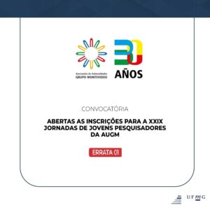 Fundo branco sob escrito: Aberta as inscrições para a vigésima nona Jornadas de Jovens Pesquisadores da AUGM. Errata 01.