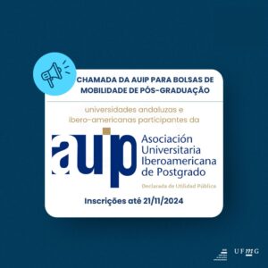 Este programa financia ajudas para promover e favorecer a MOBILIDADE INTERNACIONAL entre universidades andaluzas e instituições pertencentes à Associação Ibero-americana de Universidades de Pós-Graduação (AUIP) (ver lista de Universidades Associadas), inseridas na “Linha de Ação 3: Bolsas e Ajudas à Mobilidade para Pós-Graduação” do Plano de Ação 2024-2026 da AUIP para o desenvolvimento de estudos de pós-graduação (Mestrado, Doutorado, Especialização) no âmbito Ibero-americano. Prazos de inscrição: Primeiro prazo: até 21 de novembro de 2024 às 23h59 (GMT/UTC+01h00) Madrid, para estadias e viagens que comecem entre 1 de fevereiro e 30 de junho de 2025. Segundo prazo: até 24 de abril de 2025 às 23h59 (GMT/UTC+02h00) Madrid, para estadias e viagens que comecem entre 1 de julho e 30 de novembro de 2025. (NOTA: Não serão aceitas inscrições para este segundo prazo). período, antes de 22 de novembro de 2024) Número de Bolsas: Para movimentação entre Andaluzia-América Latina e vice-versa, taxas para cobrir a transferência internacional no valor de 1.400 euros. Nas viagens entre Andaluzia-Portugal e vice-versa, serão concedidos benefícios para cobrir despesas de mobilidade no valor de 700 euros. Dirigido a: Pessoas vinculadas a instituições associadas à AUIP que sejam: Professores e pesquisadores. Os responsáveis por programas de pós-graduação ou atividades relacionadas à sua internacionalização. Alunos de pós-graduação. Para mais informações clique aqui.