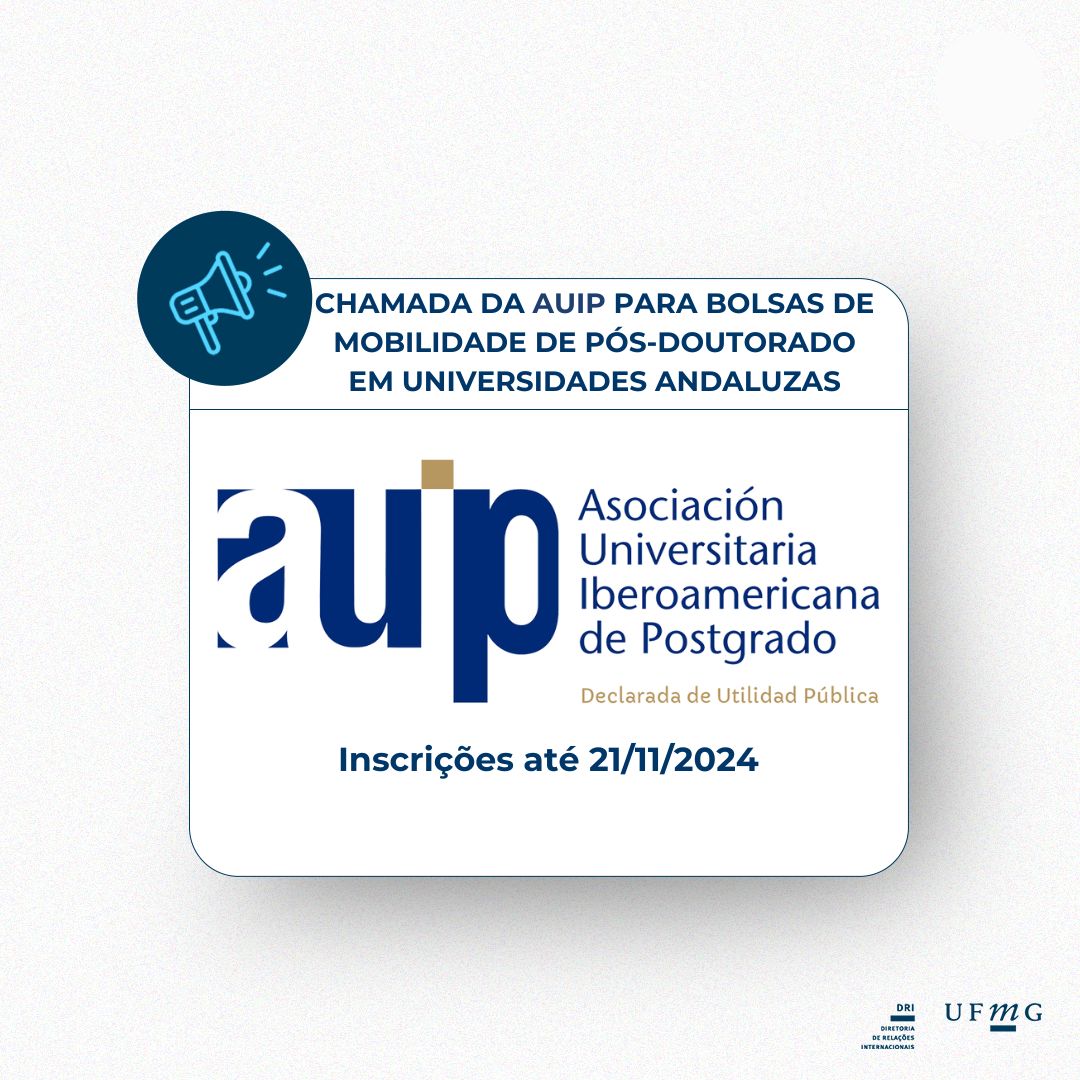 Este programa financia bolsas de estudo para promover e favorecer a MOBILIDADE PÓS-DOUTORAL INTERNACIONAL entre instituições pertencentes à Associação Ibero-Americana de Universidades de Pós-Graduação (AUIP) (ver lista de Universidades Associadas) e universidades andaluzas, enquadradas na “Linha de Ação 3: Bolsas e Apoios de Mobilidade para Pós-Graduação” do Plano de Ação 2024-2026 da AUIP para potenciar o intercâmbio e a cooperação científica entre professores e investigadores de instituições associadas. Prazo de inscrição: até 21 de novembro de 2024 às 23h59 (GMT/UTC+01h00) Madrid. Nº de locais chamados: 50 Valor das Bolsas: As bolsas têm um valor máximo de 3.000 euros que serão distribuídos da seguinte forma: Até 1.200 euros para financiar as viagens internacionais. 600 euros para despesas de subsistência por cada período de permanência de 30 dias na universidade de acolhimento, até um máximo de 90 dias (1.800 euros). Destinado a: professores, investigadores ou gestores (com título de Doutor), vinculados a uma universidade latino-americana ou instituição de ensino superior associada à AUIP, interessados ​​em realizar uma estadia de investigação numa universidade andaluza. Para mais informações clique aqui.