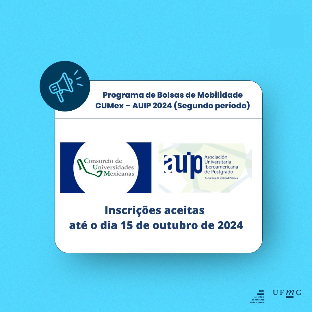 Esse programa financia bolsas para promover e favorecer a mobilidade internacional de professores, pesquisadores e alunos de pós-graduação (mestrado, doutorado e especialização) das universidades e instituições de educação superior que façam parte do Consorcio de Universidades Mexicanas (CUMex) (ver lista de membros) às instituições pertencentes à Asociación Universitaria Iberoamericana de Postgrado (AUIP) (ver lista das universidades associadas), como ação resultante do Convenio General de Colaboración cujo objetivo é fortalecer o vínculo acadêmico, científico e cultural entre ambas as entidades, a partir da implementação de projetos institucionais no âmbito iberoamericano. Prazo de inscrição: até 15 de outubro de 2024 às 23h59 (GMT/UTC -06h00) México, para estadias e viagens que começam entre 25 de outubro de 2024 e 1º de fevereiro de 2025. Número de vagas anunciadas: até um máximo de 37 bolsas. Valor das Bolsas: as bolsas têm valor máximo de 3.000 dólares (US$) que serão distribuídos da seguinte forma: Até um máximo de 1.400 dólares (US$) para viagens internacionais. Até um máximo de 1.600 dólares (US$) para despesas de estadia, à taxa de 800 dólares (US$) para cada período de permanência de 15 dias corridos completos na universidade de destino. Destinado a: pessoas filiadas ou pertencentes a universidades CUMex que sejam: Professores e investigadores. Alunos de pós-graduação (mestrado, doutorado e especialização). NOTA IMPORTANTE: Antes de iniciar a inscrição é necessário ler com atenção e cuidado o regulamento da chamada. Recomenda-se baixar o arquivo e toda vez que, ao fazer a solicitação, surgir alguma dúvida, revisar novamente as bases. Bases do programa Declaração juramentada Registro de solicitações