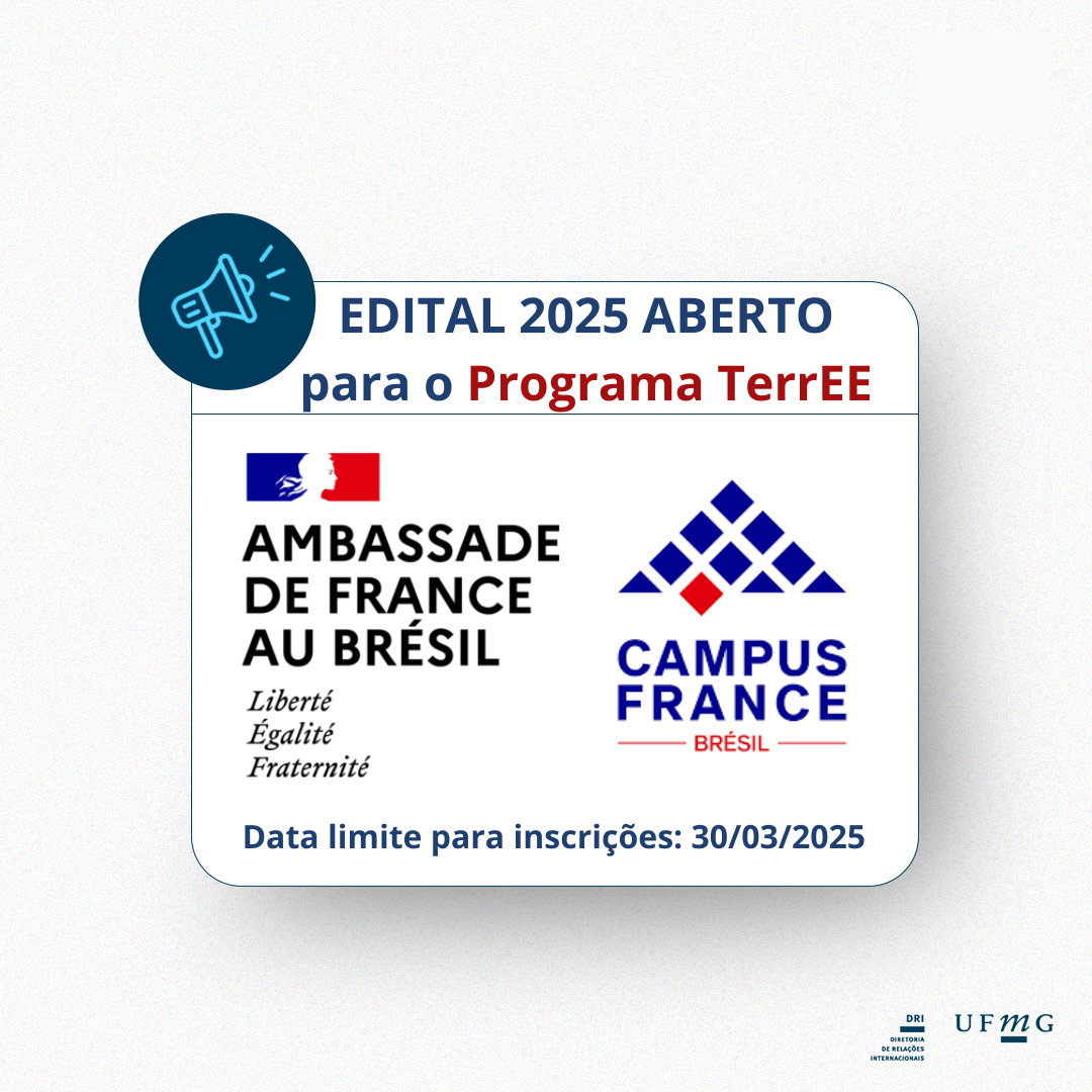 A Embaixada da França no Brasil abriu o edital 2025 da bolsa TerrEE. A bolsa TerrEE é um bolsa de estudos do governo francês, destinada a estudantes brasileiras/os de doutorado, que realizam uma tese sobre o tema do meio ambiente e/ou ecologia e/ou ciências da natureza, da vida e da saúde. Por meio desse programa de bolsas, a Embaixada da França no Brasil tem o objetivo de fortalecer a cooperação científica entre Brasil e França, sobretudo em questões da crise climática e da perda da biodiversidade. A Embaixada da França no Brasil se propõe a apoiar doutorando(a)s brasileiro(a)s, até 40 anos de idade, com ou sem co-orientação de tese, com ou sem co-tutela, mediante a concessão de uma bolsa do governo francês para estágio de doutorado de 3 a 12 meses na França. Benefícios • Status de bolsista do governo francês (BGF); • Passagem aérea ida e volta Brasil/França • O valor mensal da bolsa é de 1.770 euros para os pesquisadores matriculados em cotutela e de 1.704 euros para os pesquisadores não matriculados em cotutela (proporcionalmente à presença no território francês e ao co-financiamento); • Apoio administrativo e pedagógico ao estudante bolsista; Candidaturas As inscrições devem ser enviadas unicamente por meio do preenchimento do formulário indicado no edital até a data de limite de 30 de março de 2025 – 23h59 (horário de Brasília). Acesse, abaixo, o edital em francês ou português, para conhecer os critérios de elegibilidade, benefícios, lista de documentos solicitados e link de inscrição. Confira o vídeo com o depoimento dos contemplados em 2023 Calendário • Encerramento da chamada de inscrições: 30 de março de 2025 às 23h59 (horário de Brasília) • Divulgação dos resultados: 22 de abril de 2025 • Início da mobilidade: a partir do 1 de setembro de 2025 Dúvidas? Entre em contato através do e-mail: bolsaterree@campusfrancebrasil.com.br ou na FAQ Appel à candidatures Edital