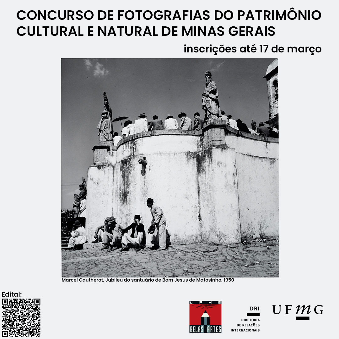 A Diretoria de Relações Internacionais (DRI), em conjunto com a Escola de Belas Artes (EBA) da Universidade Federal de Minas Gerais (UFMG), tornam pública a chamada para o Concurso de Fotografias, com o tema “Patrimônio Cultural e Natural de Minas Gerais”, para seleção e premiação de imagens fotográficas para reprodução em série limitada de presentes institucionais da UFMG. O concurso busca destacar a riqueza cultural, histórica, arquitetônica e natural do estado. As fotografias devem retratar elementos que representem Minas Gerais, valorizando seu patrimônio e promovendo sua identidade. Poderão participar estudantes regularmente matriculados na UFMG, nos cursos de graduação ou pós-graduação da Escola de Belas Artes. Cada participante poderá inscrever uma única fotografia inédita, que represente elementos do patrimônio cultural ou natural de Minas Gerais.  Na primeira etapa, as obras enviadas em formato digital serão avaliadas por um júri indicado pelas Diretorias de Relações Internacionais e da Escola de Belas Artes da UFMG, com base nos critérios especificados no Barema de Avaliação, que constará no Anexo I desta Chamada. As 10 (dez) fotografias com maior pontuação serão selecionadas para uma exposição em local e data a serem definidos pela Diretoria da Escola de Belas Artes. Os autores receberão ajuda de custo no valor de R$500,00 (quinhentos reais) para entrega de 10 (dez) cópias das fotografias, em papel de alta qualidade, no formato 20x29cm, para análise em segunda etapa por júri diverso daquele participante da primeira etapa, seguindo os mesmos critérios do Barema de Avaliação constante no Anexo I. Os autores se comprometem a numerar e assinar as cópias e o respectivo certificado de autenticidade, após o recebimento da ajuda de custo. Na segunda etapa, entre as 10 (dez) fotografias selecionadas para a exposição, até 4 (quatro) fotografias serão premiadas, cada uma recebendo R$ 2.500,00 (dois mil e quinhentos reais), condicionados à entrega de 50 (cinquenta) cópias da fotografia em papel de alta qualidade, no formato 20x29 cm, no prazo de 15 (quinze) dias após o recebimento da premiação. Os autores se comprometem, no ato da entrega das 50 cópias, a numerar e assinar as cópias e o respectivo certificado de autenticidade, após a premiação. Os prêmios serão pagos pelo Instituto Confúcio da UFMG. As inscrições são gratuitas e realizadas por meio de formulário online, disponível aqui, conforme o cronograma definido no Anexo I. Os candidatos devem anexar a documentação exigida, incluindo: Comprovante de matrícula na UFMG no semestre vigente em cursos de graduação ou pós-graduação da Escola de Belas Artes. Arquivo digital da fotografia. Documento de identidade com CPF digitalizado. Descrição (máximo 300 caracteres) explicando a relação da fotografia com o tema “Patrimônio Cultural e Natural de Minas Gerais”. Termo de ciência e autorização de uso de imagem preenchido e assinado, conforme Anexo II. ATENÇÃO: As inscrições que não apresentarem a documentação completa exigida serão automaticamente desconsideradas. Demais informações acerca das regras, premiação, forma de inscrição e cronograma do processo seletivo estão definidas no Edital. Acesse aqui o Edital da Chamada Nº 02/2025. Período de inscrição: 10/01/2025 a 17/03/2025 Em caso de dúvidas, entrar em contato via e-mail: info@dri.ufmg.br
