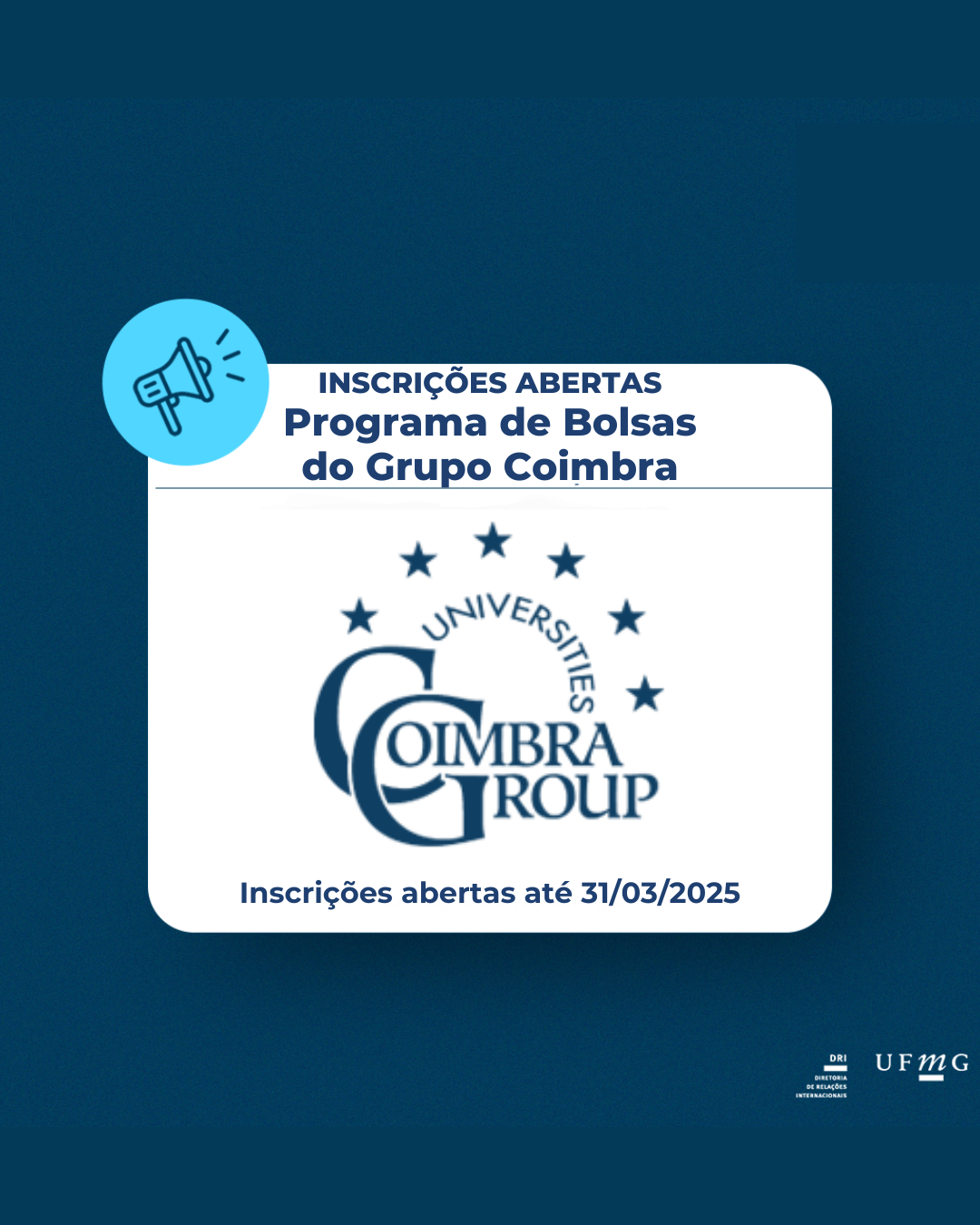 O “Programa de Bolsas do Grupo Coimbra para Jovens Professores e Pesquisadores de Universidades Latino-Americanas” foi lançado pela primeira vez em janeiro de 2004. Esta iniciativa, que oferece bolsas para financiar visitas de pesquisa de curta duração, visa favorecer a mobilidade e o intercâmbio acadêmico entre ambas as regiões. Por favor, leia atentamente antes de se inscrever: Critérios de elegibilidade e lista de universidades participantes. Informações importantes para os candidatos: 1 – Os candidatos devem fornecer o nome e os detalhes de contato de um supervisor acadêmico na Universidade do Grupo Coimbra receptora que supervisionará seu trabalho durante sua estadia no exterior. Se você não tiver nenhum contato, sugerimos que visite o site da instituição escolhida ou entre em contato com a pessoa de contato na instituição anfitriã cujo endereço de e-mail está indicado no folheto. O Escritório do Grupo Coimbra não está em condições de fornecer assistência nisso. 2 – Todos os candidatos devem fornecer uma carta/e-mail de aceitação (a ser enviada junto com sua inscrição) escrita pelo supervisor acadêmico da universidade anfitriã onde você gostaria de executar o plano de trabalho proposto. A carta deve declarar que o supervisor está disposto a trabalhar com você caso você obtenha uma bolsa Coimbra Group. 3 – Os candidatos podem selecionar apenas uma instituição. Várias inscrições do mesmo candidato serão rejeitadas. 4 – Preencha seu formulário de inscrição somente quando tiver todos os dados disponíveis (por exemplo, nome e carta de aceitação do supervisor da Coimbra Group University, etc.). Inscrições incompletas serão rejeitadas, nenhuma exceção será feita. 5 – As datas de sua estadia devem ser acordadas entre o candidato e o supervisor acadêmico da Coimbra Group University. Normalmente, isso ocorrerá durante o ano acadêmico de 2025/2026. Inscrições disponíveis no link. *A DRI apenas divulga oportunidades gerenciadas por suas parcerias e não se responsabiliza por eventuais questões.