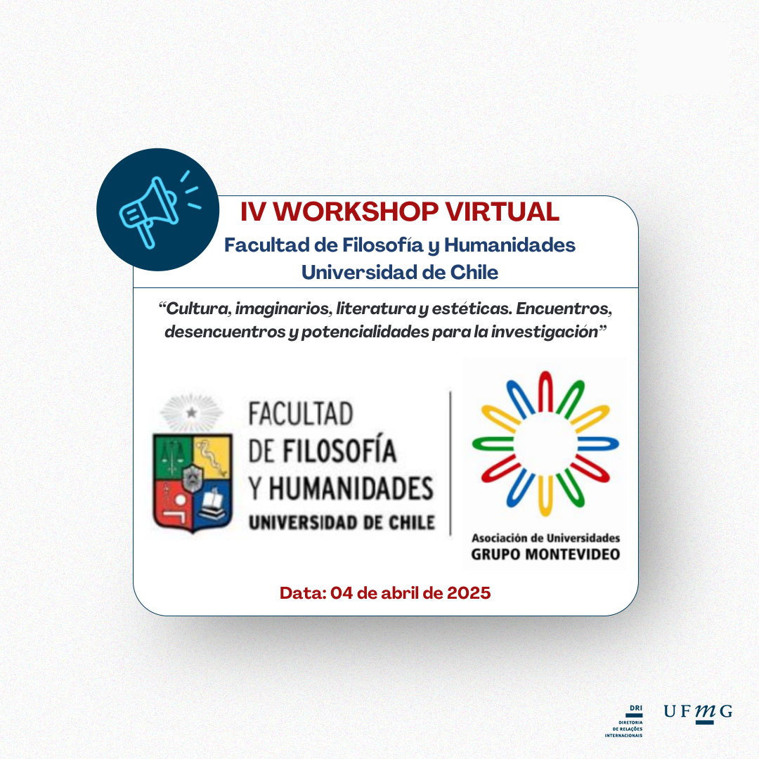 Este workshop, que será realizado no dia 4 de abril de 2025 pela Universidad de Chile, tem como objetivo compartilhar o progresso das pesquisas desenvolvidas pelos representantes acadêmicos titulares e suplentes do Núcleo Disciplinar "Literatura, Imaginários, Estética e Cultura", bem como pelos alunos orientados pelos membros do grupo. Os objetivos são: socializar as linhas de pesquisa de cada membro; explorar o potencial de interação entre os diferentes espaços acadêmicos de onde cada representante acadêmico provém; definir possíveis linhas de trabalho e ações conjuntas que envolvam dois ou mais centros de estudo, faculdades e/ou universidades; compartilhar e divulgar espaços para publicações periódicas relacionadas aos membros do grupo, contribuindo para a disseminação do conhecimento no núcleo disciplinar. Data: Sexta-feira, 4 de abril de 2025. Os participantes apresentarão suas pesquisas via Zoom, seguidas de comentários e perguntas. Organização: Núcleo Disciplinar "Literatura, Imaginários, Estética e Cultura" - AUGM Faculdade de Filosofia e Humanidades - Universidade do Chile Coordenação: Alejandra Bottinelli Wolleter (Universidade do Chile) O cronograma do evento será ajustado conforme o número de apresentações confirmadas. Após as exposições, será reservado um espaço para debate interno do Núcleo Disciplinar, permitindo perguntas e comentários. Saiba mais sobre o evento no site do núcleo disciplinário. Confira também a convocatória do workshop clicando aqui.
