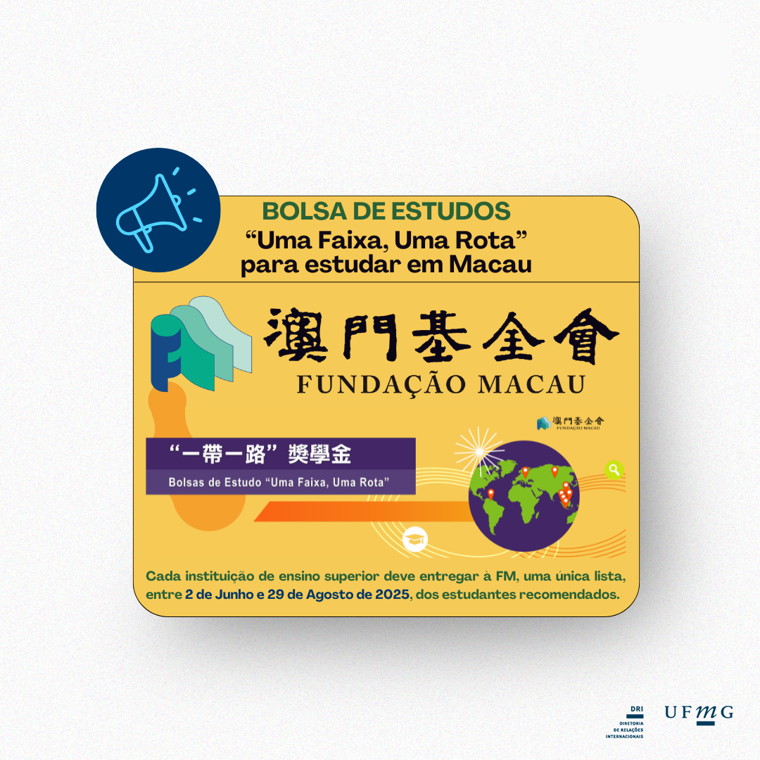 A Fundação Macau abriu inscrições para a Bolsa de Estudo “Uma Faixa, Uma Rota” destinada ao ano letivo de 2025/2026. O programa oferece apoio financeiro a estudantes de diversos países, incluindo o Brasil, interessados em cursar uma graduação em instituições de ensino superior na Região Administrativa Especial de Macau, na China. O programa disponibiliza um montante anual de 100.000 MOP$ por estudante, com um total de 10 vagas oferecidas anualmente. Instituições participantes Os estudantes podem escolher entre diversas universidades e institutos de ensino, incluindo: Universidade de Macau Universidade Politécnica de Macau Universidade de Turismo de Macau Universidade de Ciência e Tecnologia de Macau Universidade da Cidade de Macau Universidade de São José Instituto de Enfermagem Kiang Wu de Macau Processo de candidatura As inscrições ocorrem entre 2 de junho e 29 de agosto de 2025. Para se candidatar, os interessados devem: Ser admitidos e recomendados por uma das instituições de ensino superior de Macau. Ter sua candidatura encaminhada pelos postos diplomáticos e consulares da China ou pelos serviços públicos de educação competentes. Ter sua aprovação confirmada pela Fundação Macau. A avaliação da documentação ocorre em setembro, e os resultados finais serão divulgados até o fim do mesmo mês. Contato e mais informações A Fundação Macau é responsável pela administração do programa. Interessados podem obter mais informações através dos canais de atendimento: Endereço: Rua das Schimas, No.108, Edifício de Escritórios do Governo (Coloane), 7º andar, Coloane, Macau Telefone: 853-87950920 / 853-87950913 E-mail: dgaf_info@fm.org.mo Horário de atendimento: Segunda a quinta-feira, das 09h00 às 13h00 e das 14h30 às 17h45; Sexta-feira, das 09h00 às 13h00 e das 14h30 às 17h30 Para mais detalhes, consulte: Regulamento da Bolsa (conferir Capítulo V); Site da Fundação Macau.