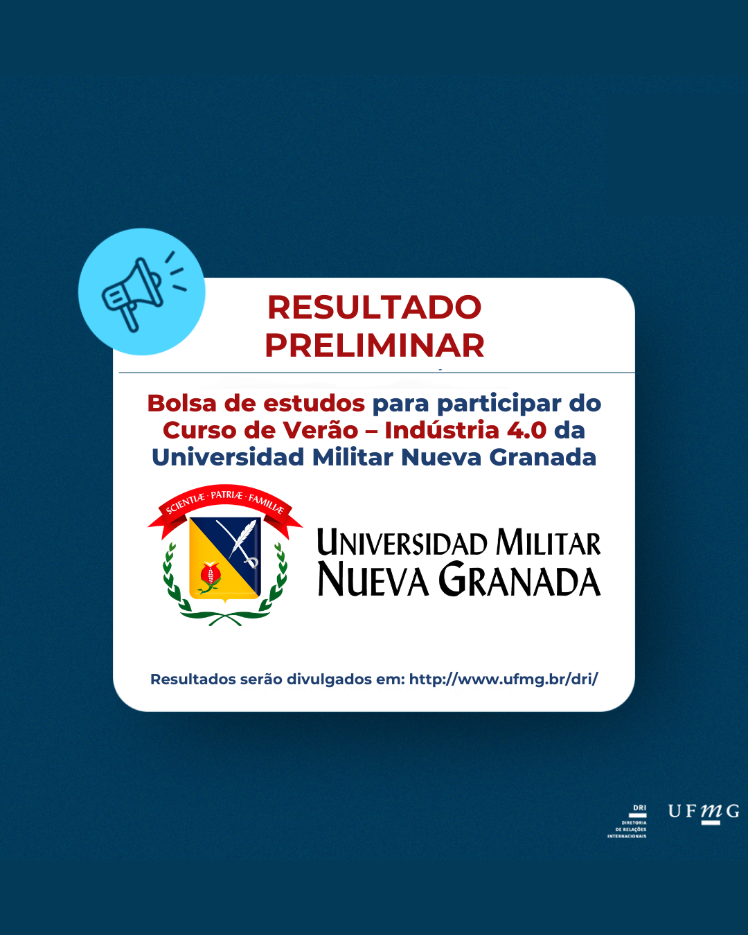 A Diretoria de Relações Internacionais da UFMG, em parceria com a Universidad Militar Nueva Granada (UMNG), anuncia o resultado preliminar do processo seletivo para duas vagas no Curso de Verão – Indústria 4.0, que será realizado em julho de 2025, em Bogotá, Colômbia. Confira o Resultado Preliminar da Chamada 06/2025.